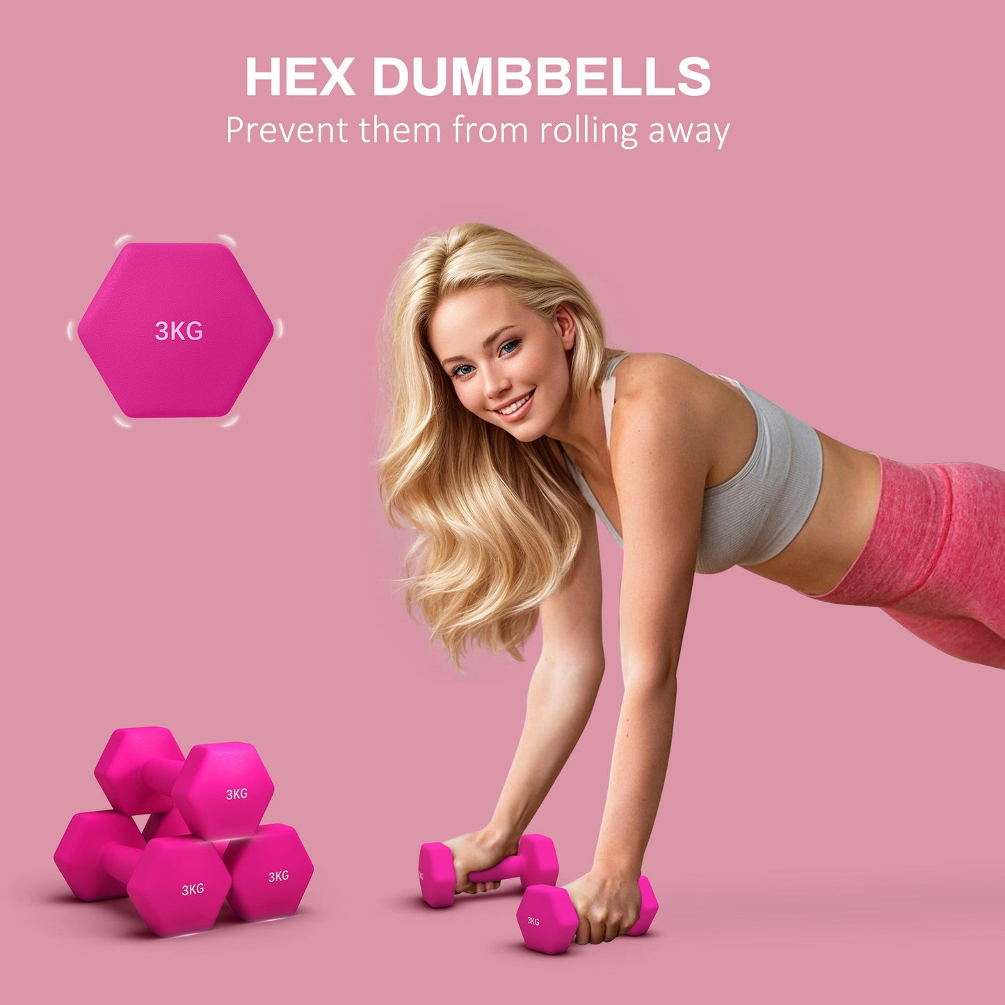 Set of 2 Hexagonal Dumbbells 3kg - Pink