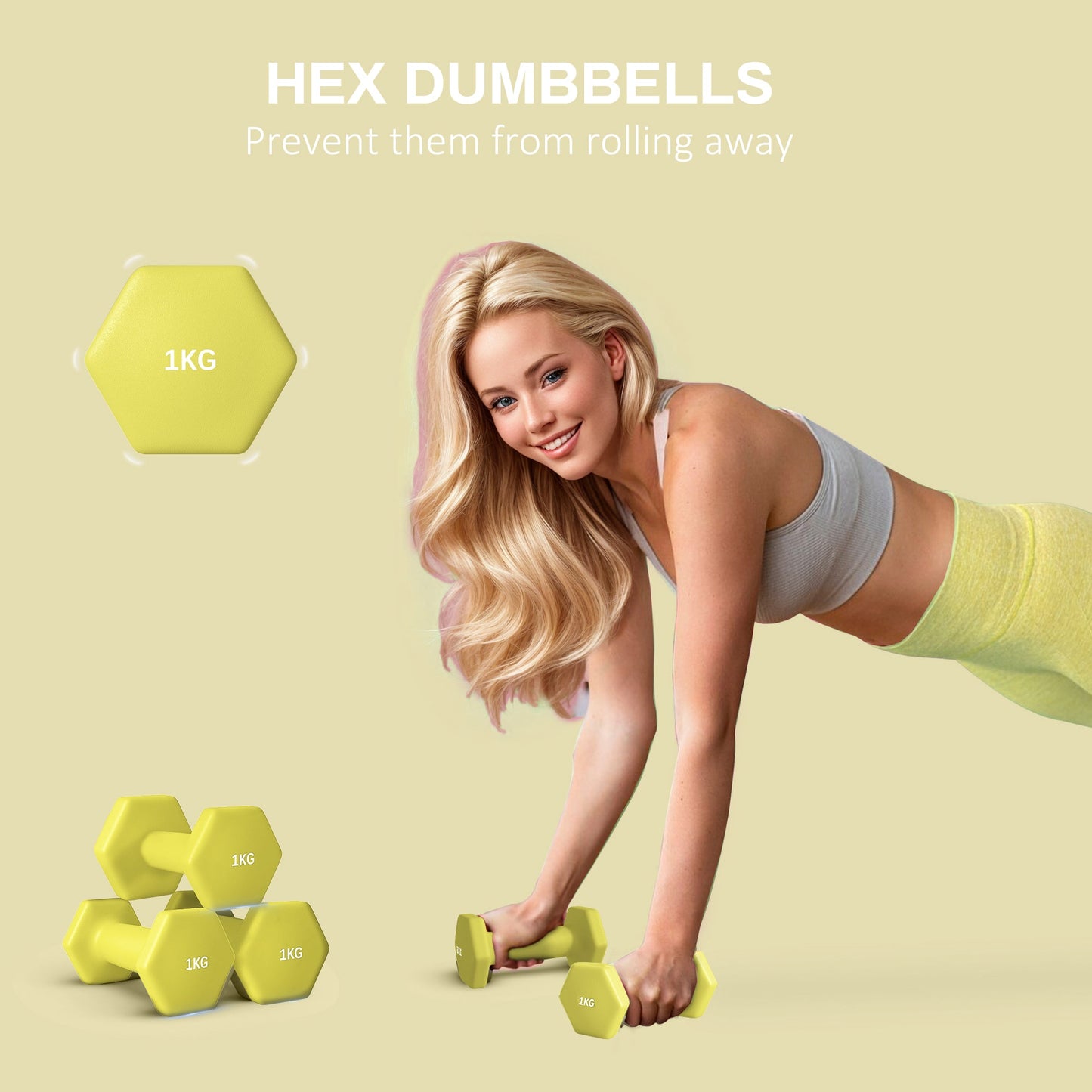 2 x 1kg Hexagonal Dumbbells Weights Set - Yellow